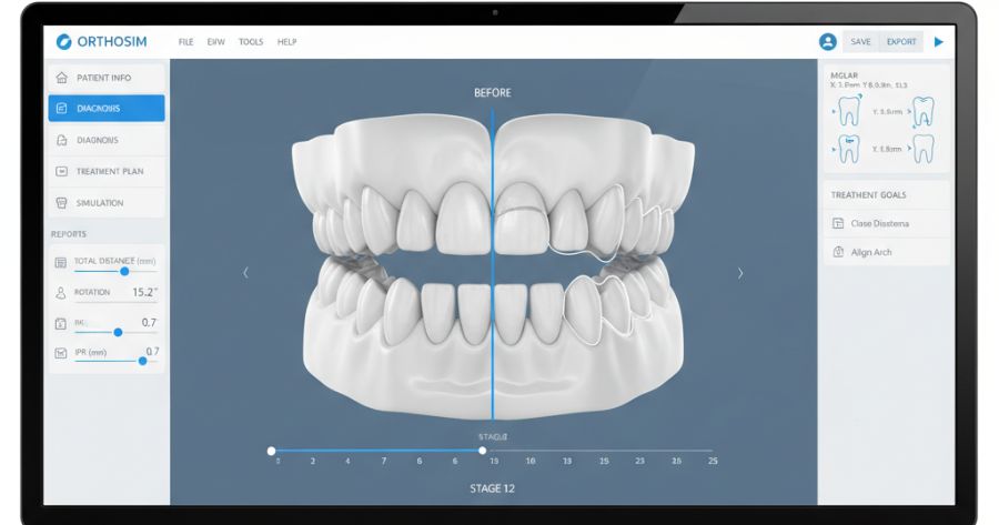 A screen displaying a 3D orthodontic simulation showing before-and-after tooth alignment using advanced dental software.