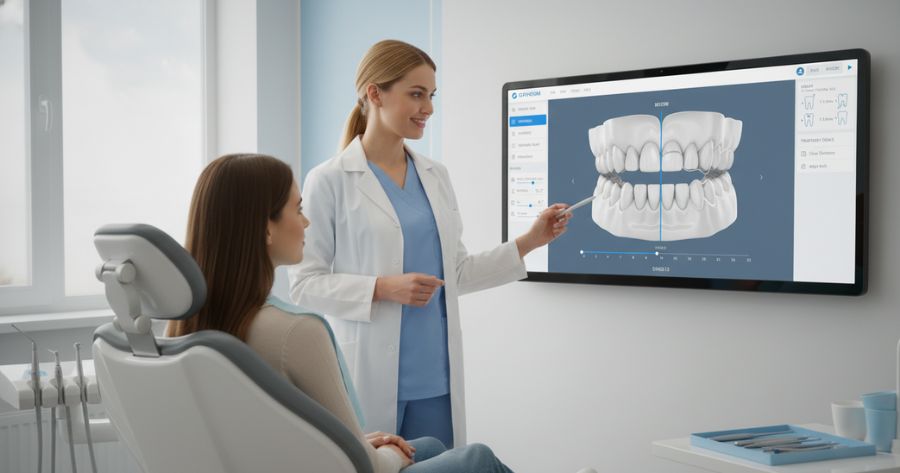 A smiling patient holding a case containing clear aligners, demonstrating modern invisible orthodontic treatment options.