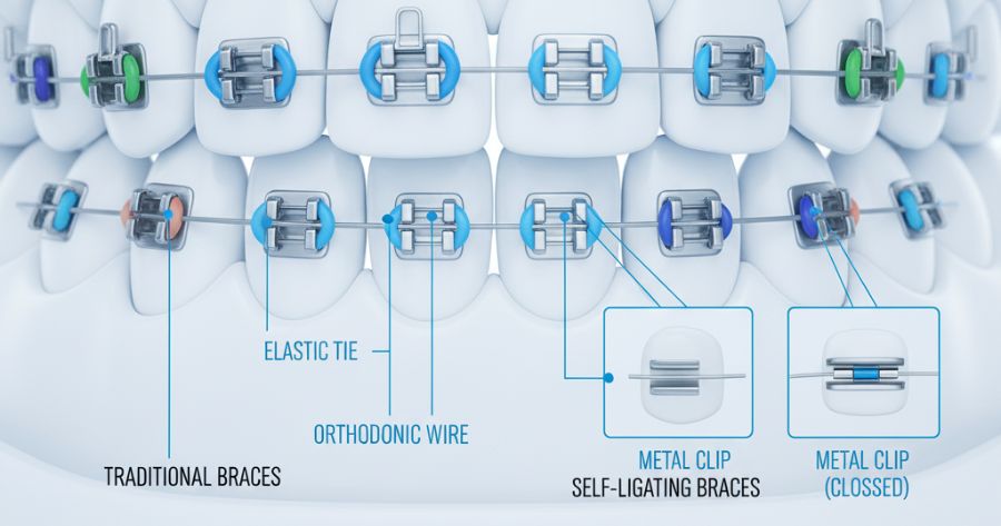 A detailed diagram showing the mechanism of self-ligating braces, comparing elastic ties, orthodontic wires, and metal clips.