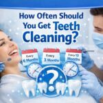 How often should you get teeth cleaning showing dentist performing professional dental cleaning with recommended 3, 6 and 12 month intervals