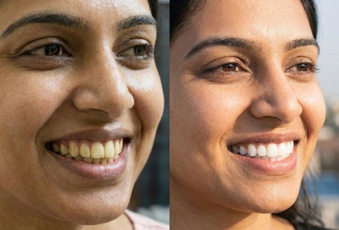 Teeth bleaching in Kolkata before and after results showing brighter and whiter smile after professional dental whitening treatment.